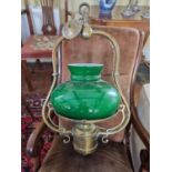 A 19th Century Hanging oil Lamp with green glass Shade converted.