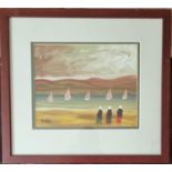 An Oil on Board of Sailing Ships beside an estuary with women looking on. Signed Dillon LL. 20 x