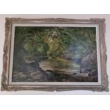 A late 19th early 20th Century large Oil on Canvas of a tranquil river scene. In a good painted