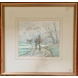 June Brilly. A Watercolour of 'The morning ride at dawn'. Signed LR. 25 x 29 cm approx.