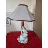 A good Spanish Table Lamp with shade depicting a young Girl sitting on the stump of a tree. H35cm