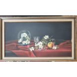 A 20th Century Oil on Canvas still life of fruit and flowers on a table setting. By Ted Dyre