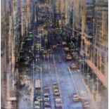 CRISTINA BERGOGLIO (Córdoba, Argentina, 1967)."Gran vía al anochecer", 2022.Mixed media on panel.