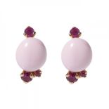 Pair of Pomellato earrings in 18kt rose gold, pink ceramic and ruby. Pressing clasp.Measurements: