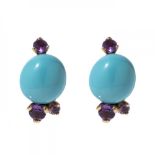 Pair of Pomellato earrings in 18kt rose gold, turquoise and amethysts. Pressure clasp.
