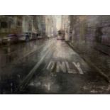 FRANCISCO RODRÍGUEZ LOBO (Cantillana, Seville, 1965)."New York Street".Mixed media on wood.Signed in