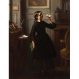 French school, mid-19th century."Young Man indoors".Oil on panel.Signed "Pauline" in the lower