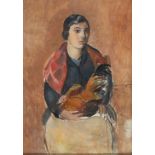 JOAQUÍN SUNYER DE MIRÓ (Sitges, Barcelona, 1874 - 1956)."Portrait of a Woman with a Hen".Oil on