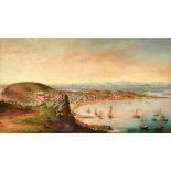"PINTORES VIAJEROS", 1850s."Port of Mazatlan, Mexico".Oil on canvas.Size: 67 x 118 cm; 91,5 x 143 cm