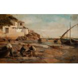 JOSÉ ALCAZAR TEJEDOR (Madrid, 1850 - 1907)."Fishing village", 1881.Oil on canvas.Signed in the lower