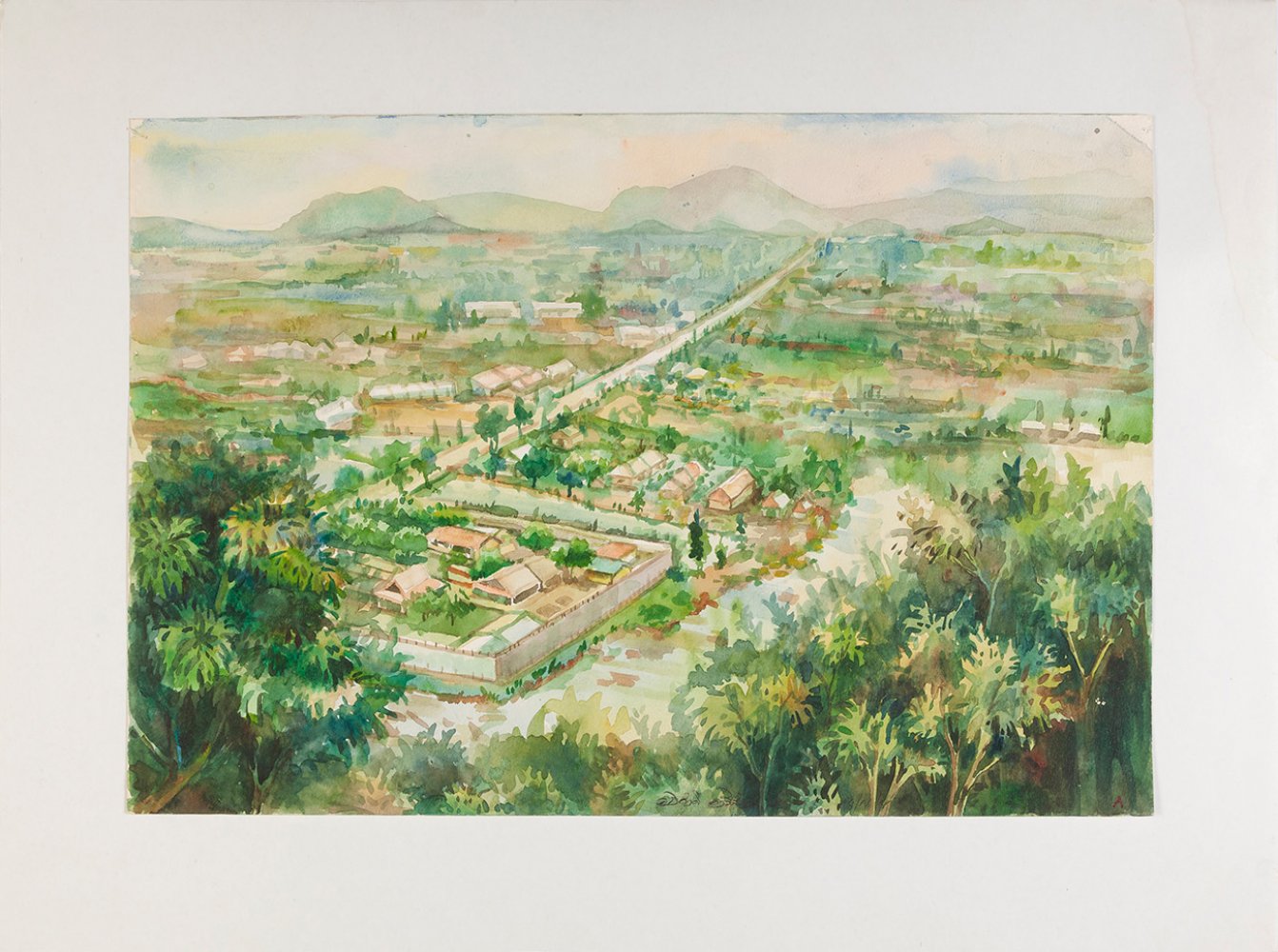 Indonesian school, 21th century."Landscape with houses", 2016.Watercolour on paper.Signed and