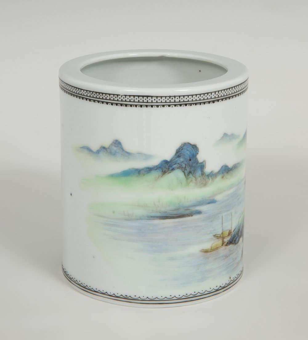 Brush pot; China, Republic period, 20th century.Porcelain with hand-painted enamelled decoration. - Image 2 of 5