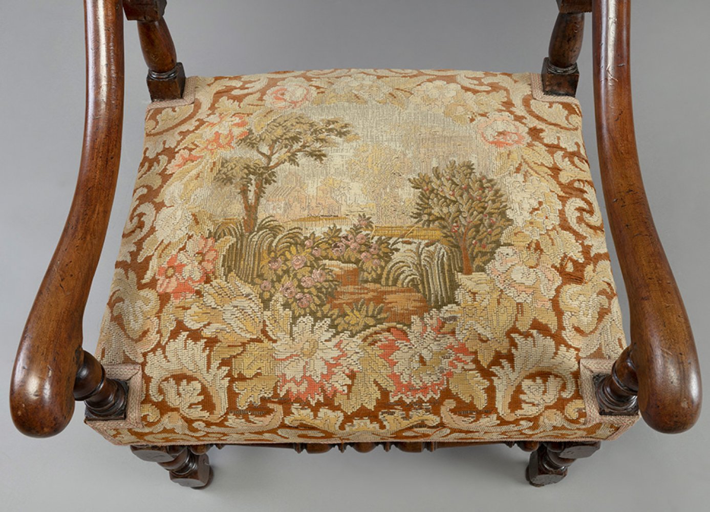 Pair of Louis XIV armchairs. France, 17th-18th century.Walnut wood and petit point upholstery.Use - Image 6 of 7