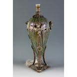 Empire style table lamp. France, first half of the 20th century.Enamelled glass and pewter.