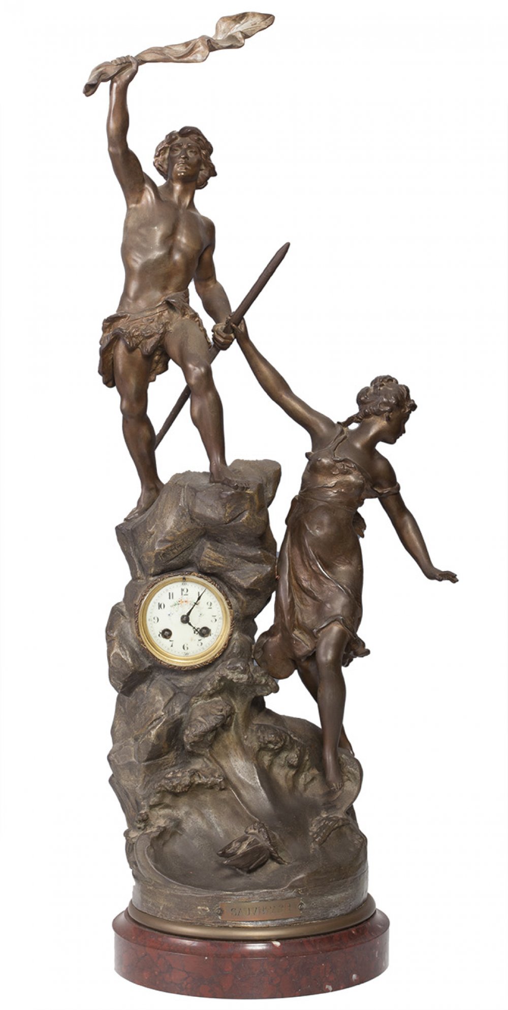 French school 19th century."Sauvetage.Calamine clock with marble base.No key. In need of