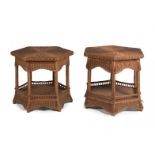 Pair of side tables, ca. 1950.Wicker.With marks of use. With some damage to the bases.