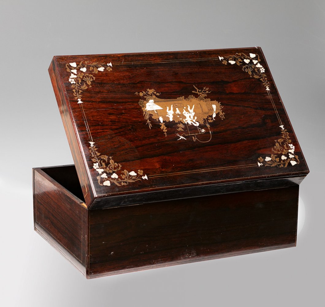 Portable writing-box. England, late 19th century.Rosewood frame with oriental-inspired decoration - Image 3 of 4
