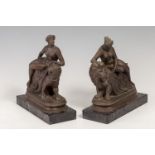 French school 19th century."Lady with panther and lady with lion".Pair of bronze sculptures with