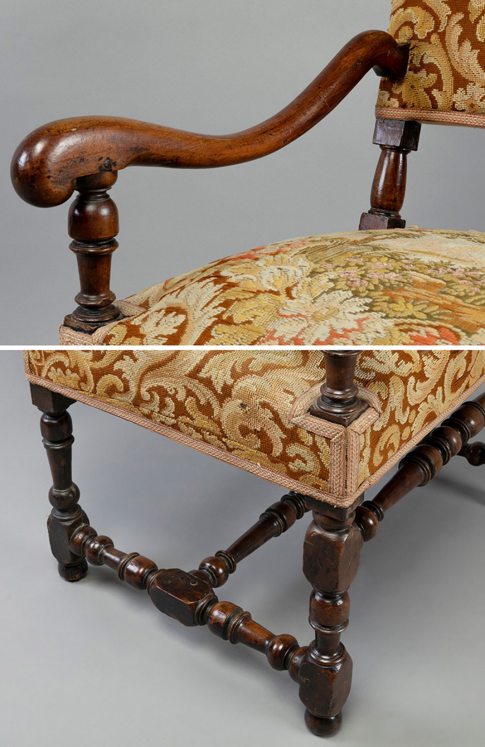 Pair of Louis XIV armchairs. France, 17th-18th century.Walnut wood and petit point upholstery.Use - Image 5 of 7