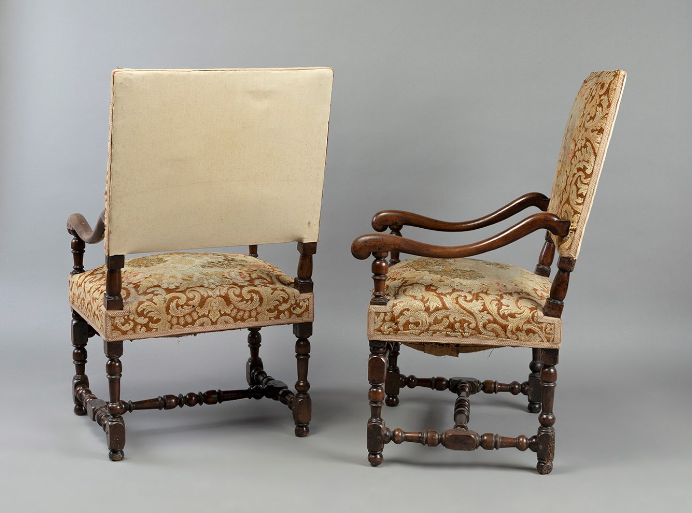 Pair of Louis XIV armchairs. France, 17th-18th century.Walnut wood and petit point upholstery.Use - Image 4 of 7