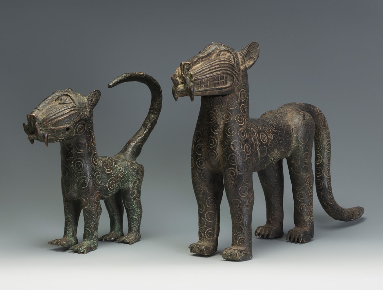 Pair of leopards. Benin, 20th century.Cast bronze.Sizes: 37,5 x 54 x 11,5 cm and 32,5 x 32,5 x 9,5