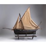 Model of a large sailing ship, 19th century.Wood and fabric.On wooden base.Traces of xylophages.