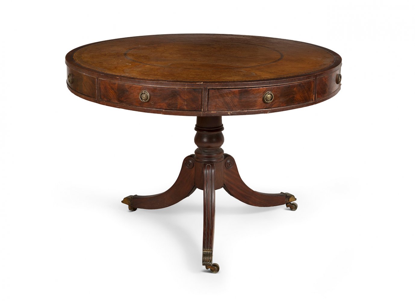 Victorian library table. England, late 19th century.Mahogany wood.Leather top.Has castors.Marks of