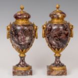 Pair of goblets; XIX century.Cotanello marble and gilded bronze.Measurements: 43 x 19 x 15 cm.Pair