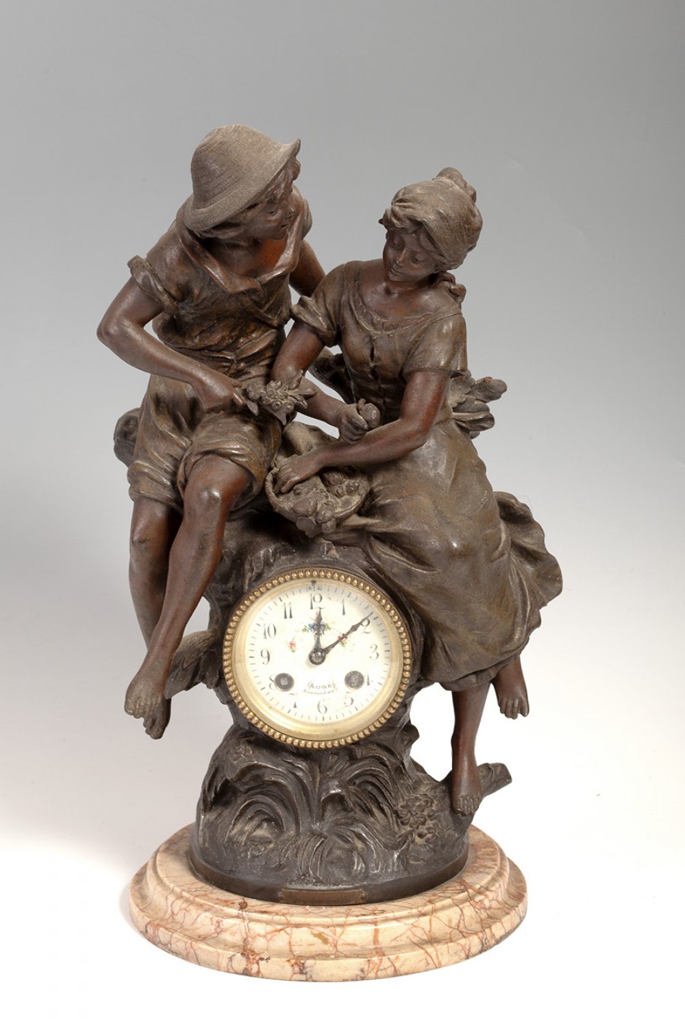 AUGUSTE MOREAU (France, 1834 - 1917)."Two boys".Table clock with calamine trimming and veined marble - Image 2 of 6