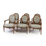 Set of six Louis XVI armchairs, second half of the eighteenth century.Walnut wood. Upholstery with