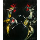 MANUEL VIOLA (Zaragoza, 1916 - San Lorenzo de El Escorial, 1987)."Cocks".Oil on canvas.Signed in the