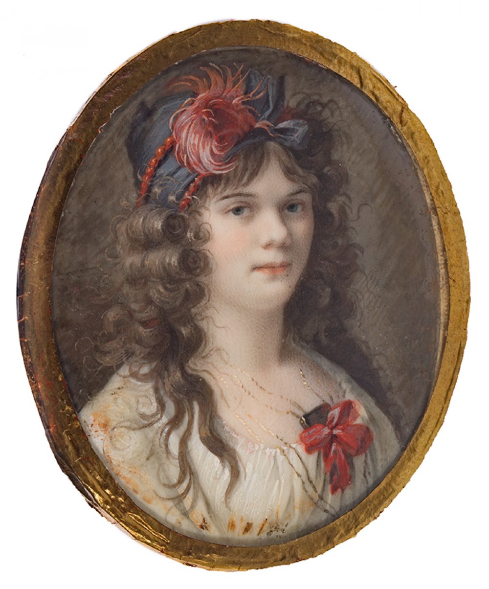 French school ca. 1790."Portrait of a lady.Gouache on vellum.Size: 6,5 x 5 x 0,5 cm.Miniature of