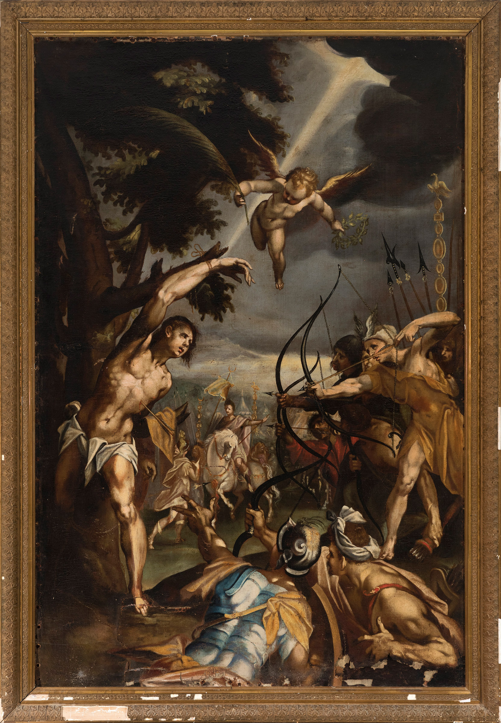 Mannerist school of the late 16th century."The Martyrdom of Saint Sebastian".Oil on canvas. Re- - Image 3 of 5