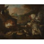 Flemish school, 17th century."Poultry and fox in a landscape".Oil on canvas.Frame and frame of the