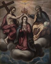 Mexican School 17th century."Coronation of the Virgin".Oil on canvas.Size: 104 x 83 cm.The present