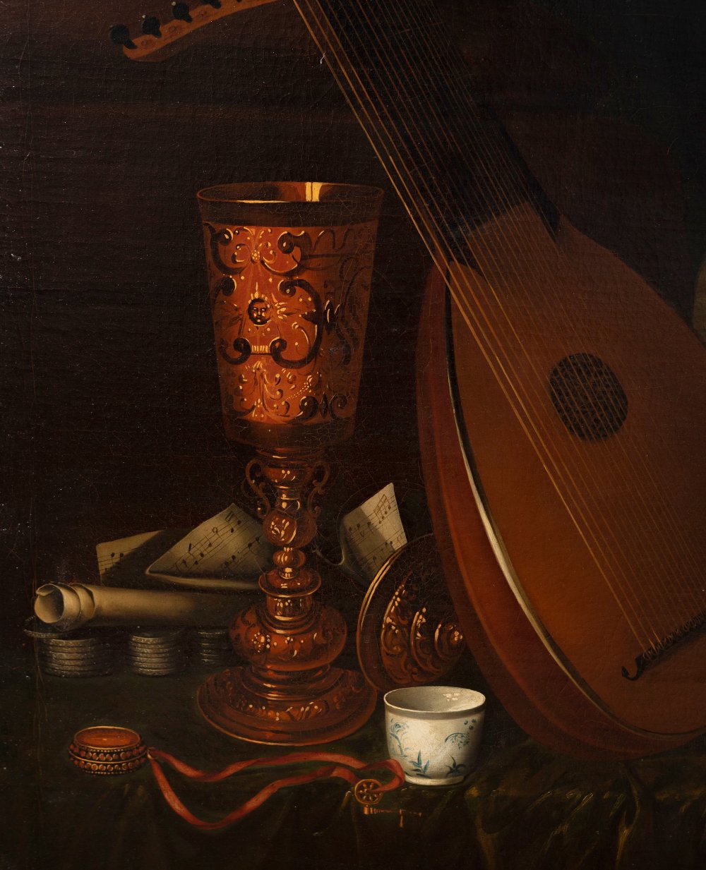 French or Flemish school of the 18th century."Still life with lute".Oil on canvas.Period frame and - Image 5 of 7