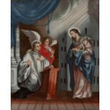 Spanish School 18th century.."Apparition of the Virgin to Saint Cajetan".Painting on glass.