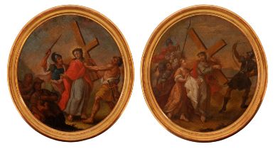 Andalusian school; early 18th century."Via Crucis".Oil on canvas adhered to tablex. Relined.It
