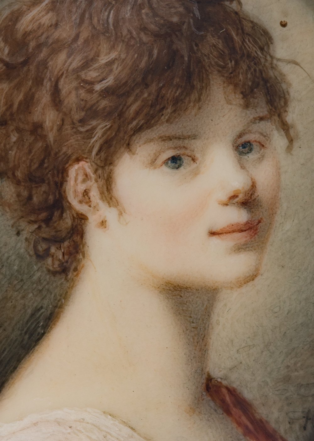 French school of ca. 1810."Portrait of a lady.Gouache on vellum.Size: 4,6 x 4 x 0,5 cm.Miniature - Image 2 of 2
