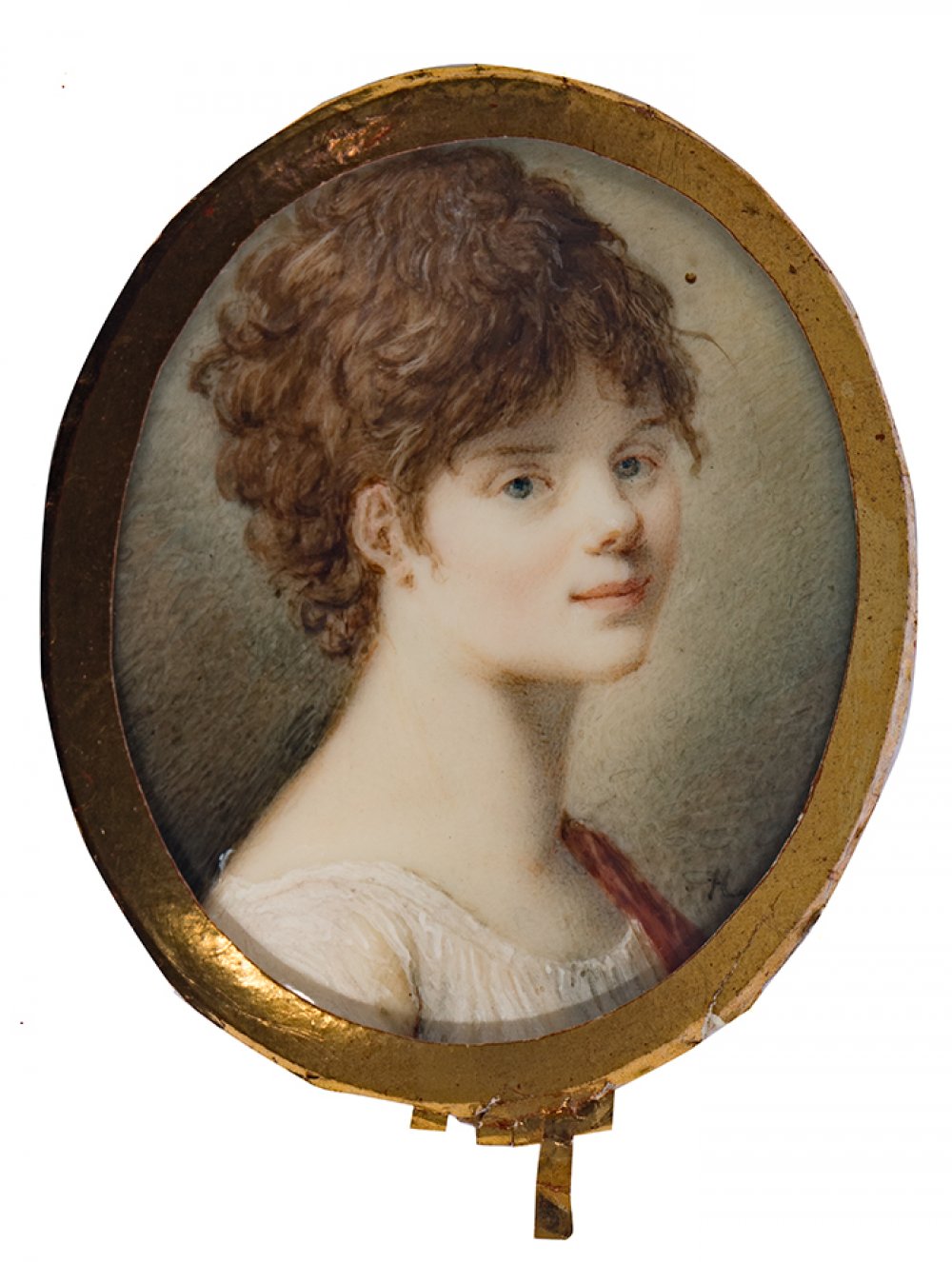 French school of ca. 1810."Portrait of a lady.Gouache on vellum.Size: 4,6 x 4 x 0,5 cm.Miniature