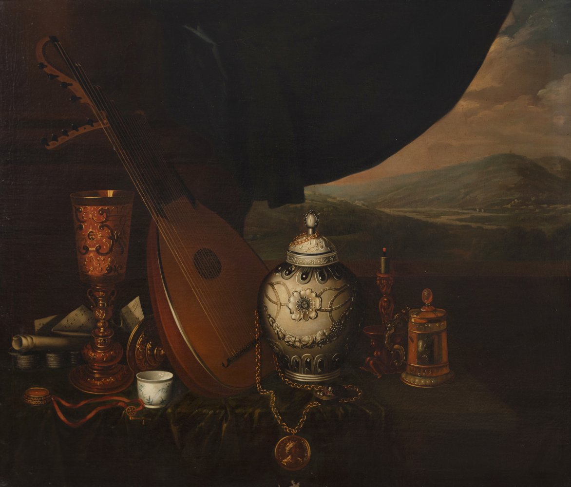 French or Flemish school of the 18th century."Still life with lute".Oil on canvas.Period frame and