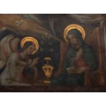 Spanish or Novo-Hispanic school of the 17th century."Annunciation".Oil on copper.It has a polychrome