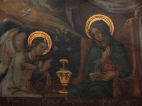 Spanish or Novo-Hispanic school of the 17th century."Annunciation".Oil on copper.It has a polychrome