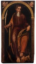 Spanish school; ca. 1600."Saint Bartholomew".Oil on panel. Engatillada.It has repainting and