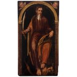 Spanish school; ca. 1600."Saint Bartholomew".Oil on panel. Engatillada.It has repainting and