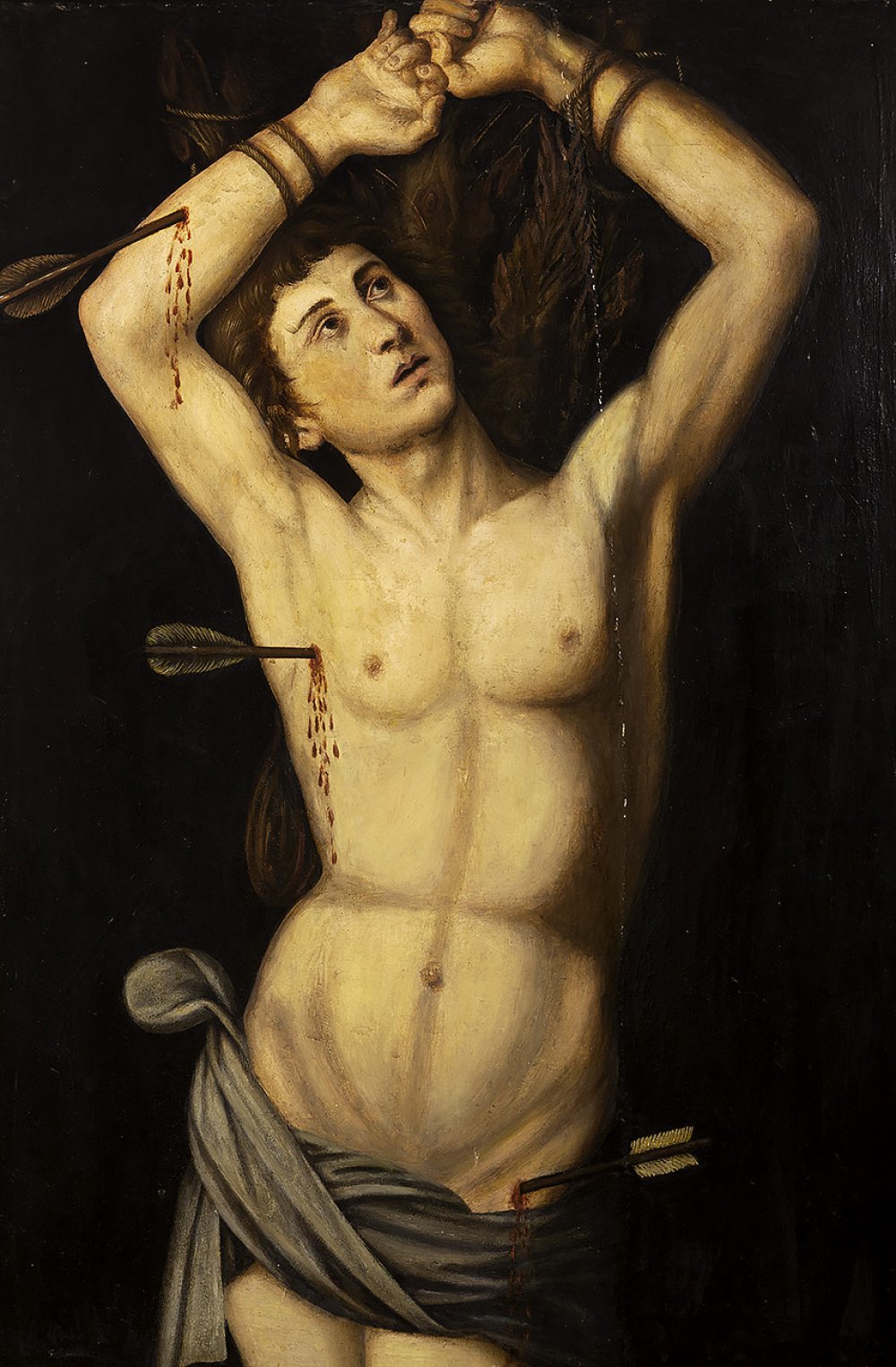 16th century Spanish school."Saint Sebastian".Oil on panel. Cradled. Measurements: 80 x 54 cm, 93,