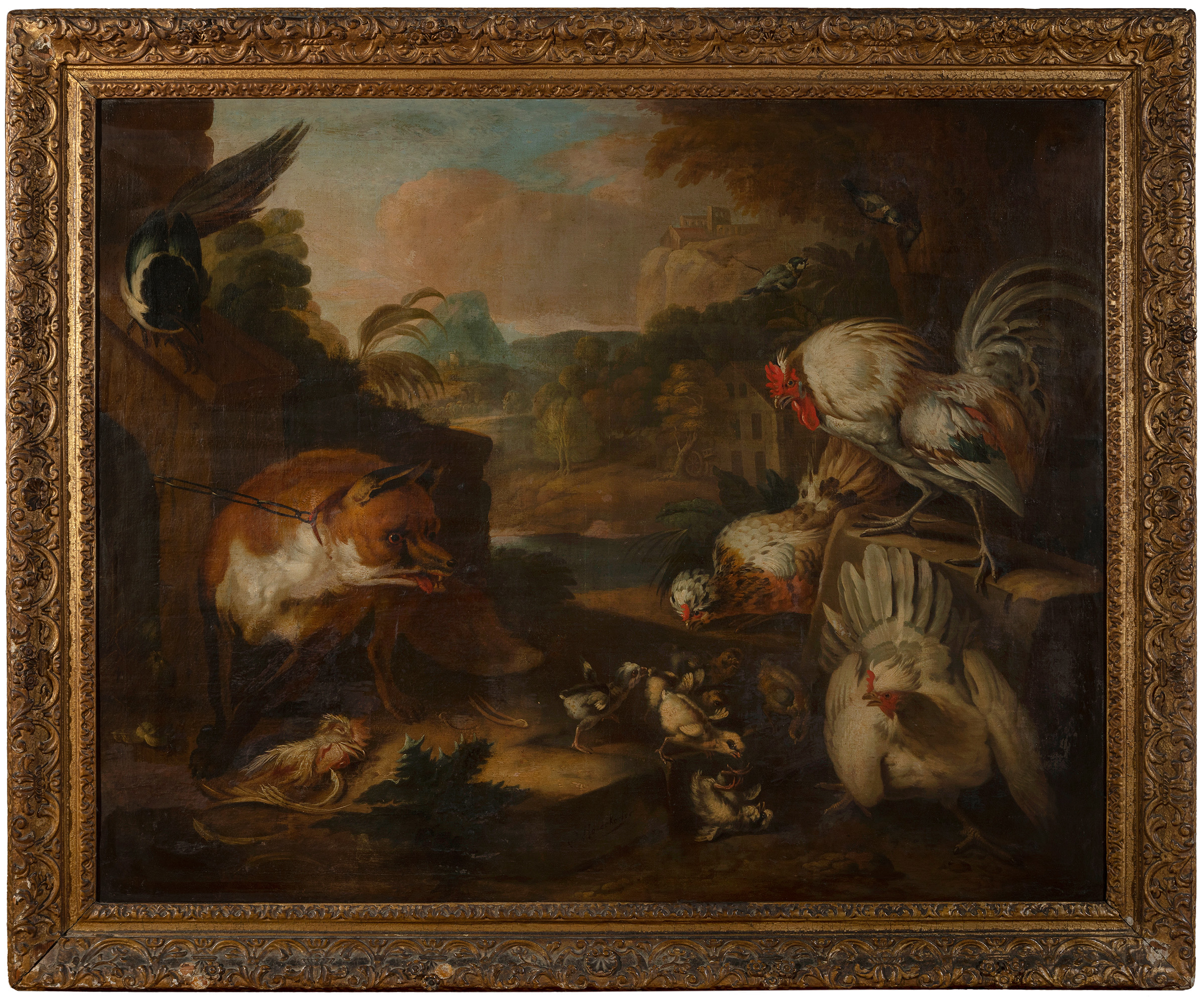 Flemish school, 17th century."Poultry and fox in a landscape".Oil on canvas.Frame and frame of the - Image 5 of 6