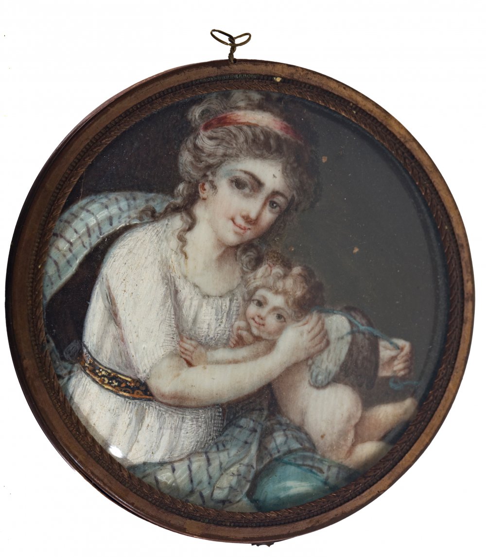 French school ca. 1790."Lady with a little love like Venus and Cupid".Gouache on vellum.Bronze frame