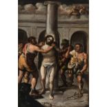 Venetian school of the late 16th-early 17th century."Christ tied to the column".Oil on canvas.