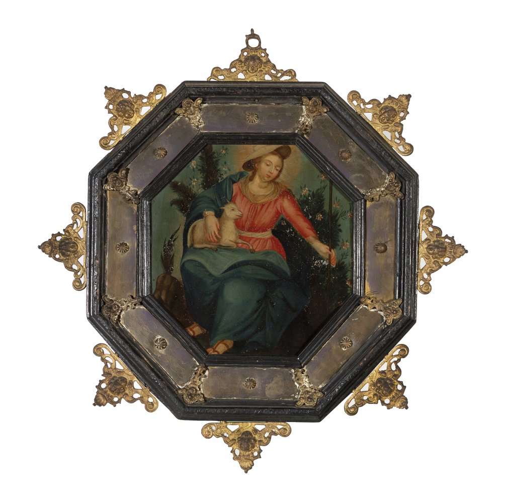 Spanish school of ca. 1700."The Divine Shepherdess".Oil on copper in octagonal format.With